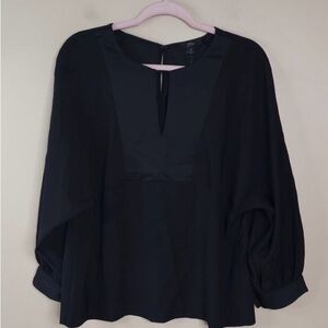 J. Crew Black Satin Back Crepe V Neck Key Hole Blouse NWT Medium